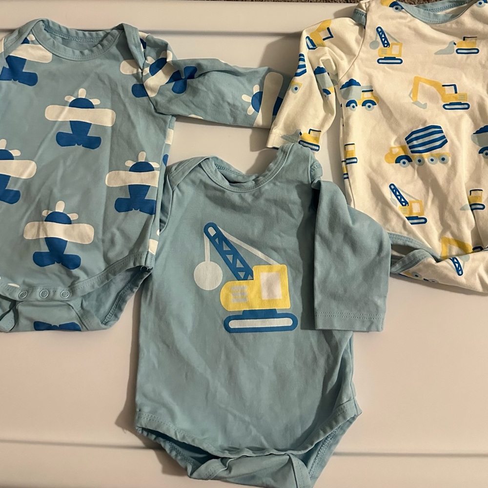 Blue Baby Onesies with Construction Prints and airplane (3 total)
